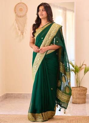 Green silk blend jacuard work festival saree with unstitched blouse piece 1