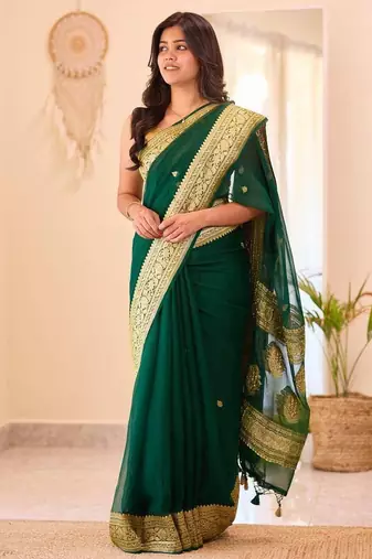 Green silk blend jacuard work festival saree with unstitched blouse piece