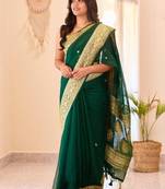 Green silk blend jacuard work festival saree with unstitched blouse piece