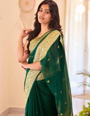 Green silk blend jacuard work festival saree with unstitched blouse piece 2