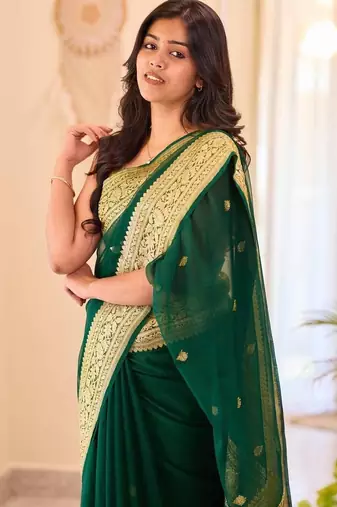 Green silk blend jacuard work festival saree with unstitched blouse piece