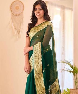 Green silk blend jacuard work festival saree with unstitched blouse piece 3