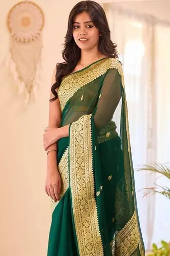 Green silk blend jacuard work festival saree with unstitched blouse piece