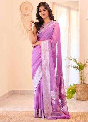 Pink silk blend jacuard work festival saree with unstitched blouse piece 1