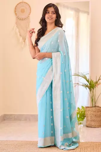 Sky blue silk blend jacuard work festival saree with unstitched blouse piece
