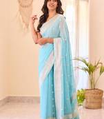 Sky blue silk blend jacuard work festival saree with unstitched blouse piece
