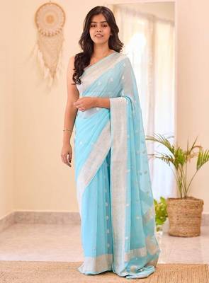 Sky blue silk blend jacuard work festival saree with unstitched blouse piece 2