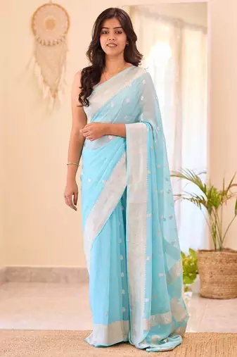 Sky blue silk blend jacuard work festival saree with unstitched blouse piece