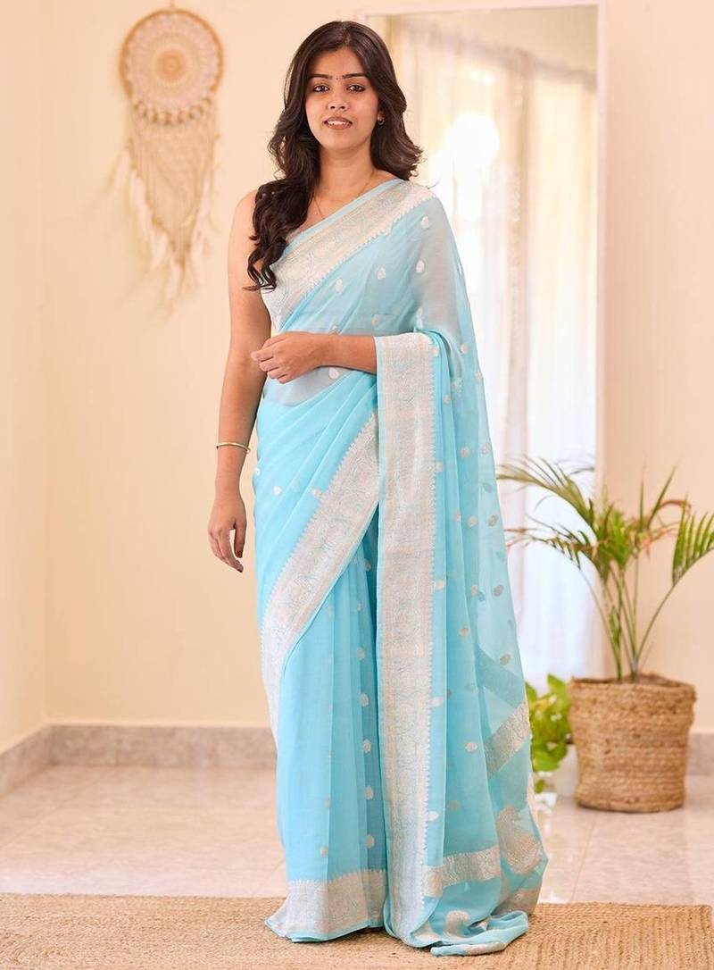 Sky blue silk blend jacuard work festival saree with unstitched blouse piece
