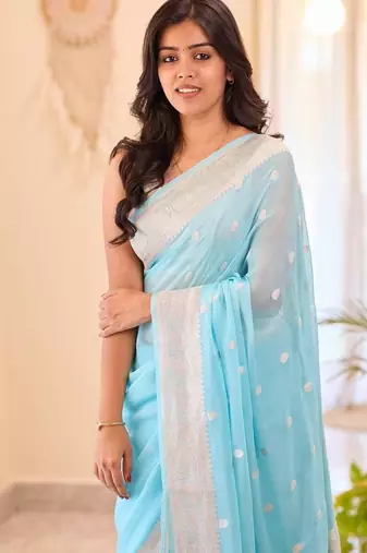 Sky blue silk blend jacuard work festival saree with unstitched blouse piece