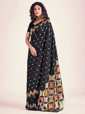 Black silk blend jacuard work festival saree with unstitched blouse piece 1