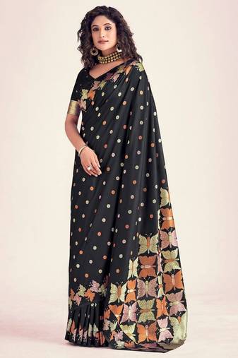 Black silk blend jacuard work festival saree with unstitched blouse piece