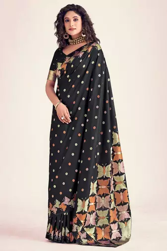 Black silk blend jacuard work festival saree with unstitched blouse piece