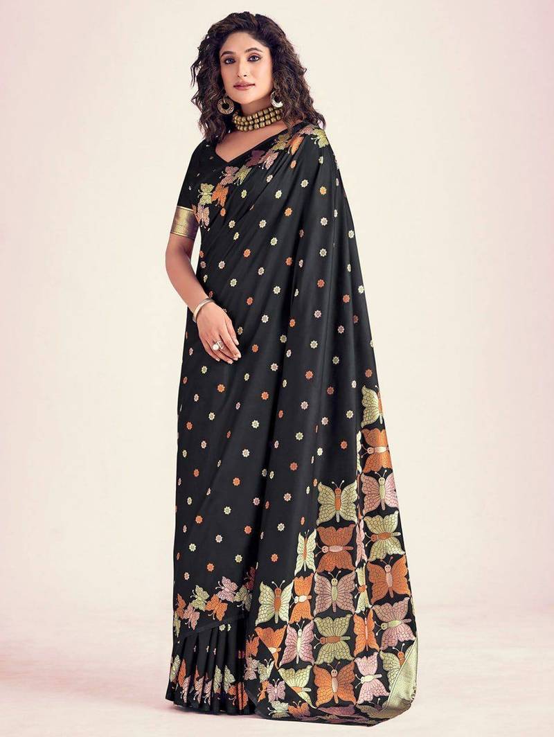 Black silk blend jacuard work festival saree with unstitched blouse piece