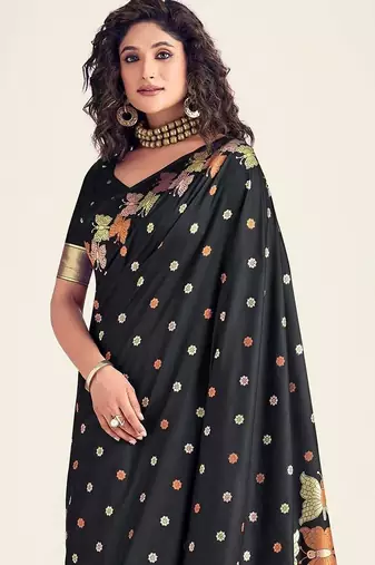 Black silk blend jacuard work festival saree with unstitched blouse piece
