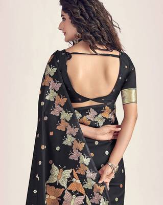 Black silk blend jacuard work festival saree with unstitched blouse piece 3