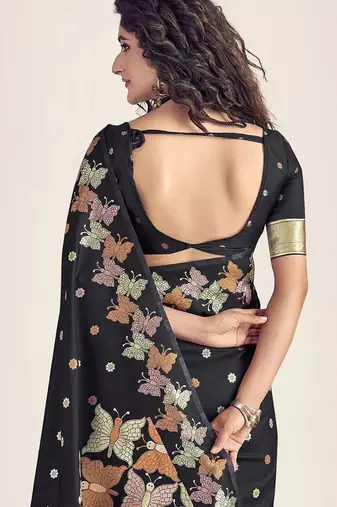 Black silk blend jacuard work festival saree with unstitched blouse piece