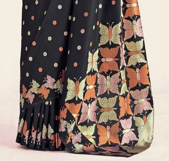 Black silk blend jacuard work festival saree with unstitched blouse piece 4