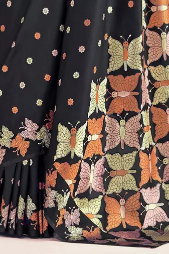 Black silk blend jacuard work festival saree with unstitched blouse piece