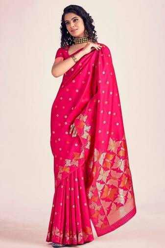 Pink silk blend jacuard work festival saree with unstitched blouse piece