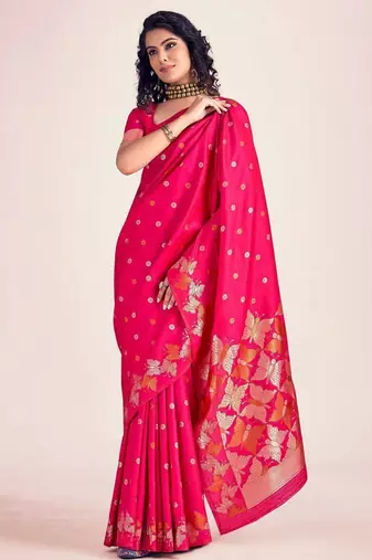 Pink silk blend jacuard work festival saree with unstitched blouse piece