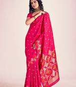 Pink silk blend jacuard work festival saree with unstitched blouse piece