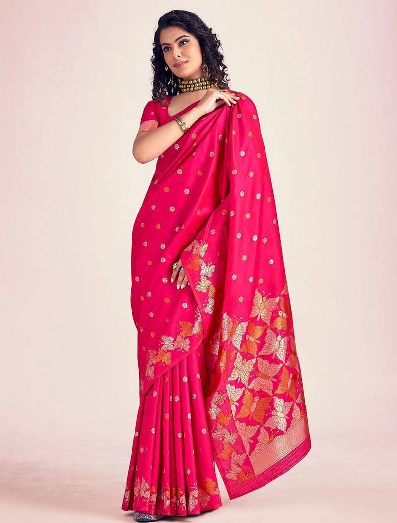 Pink silk blend jacuard work festival saree with unstitched blouse piece