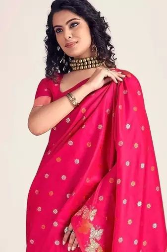 Pink silk blend jacuard work festival saree with unstitched blouse piece
