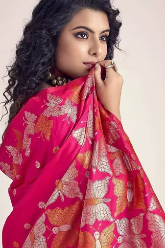 Pink silk blend jacuard work festival saree with unstitched blouse piece