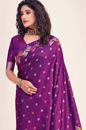 Purple silk blend jacuard work festival saree with unstitched blouse piece