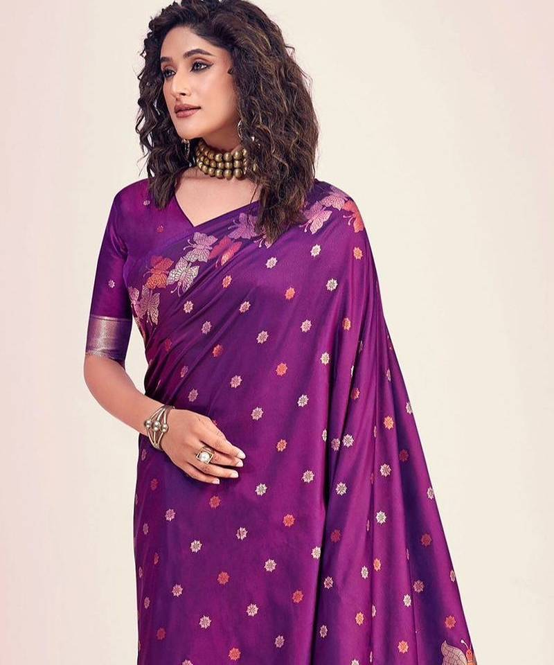 Purple silk blend jacuard work festival saree with unstitched blouse piece