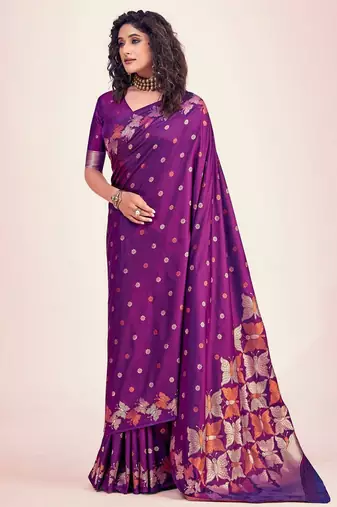 Purple silk blend jacuard work festival saree with unstitched blouse piece