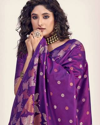 Purple silk blend jacuard work festival saree with unstitched blouse piece 3
