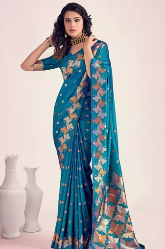 Rama silk blend jacuard work festival saree with unstitched blouse piece