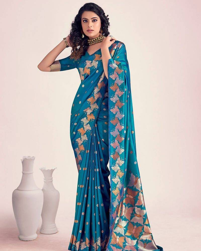 Rama silk blend jacuard work festival saree with unstitched blouse piece