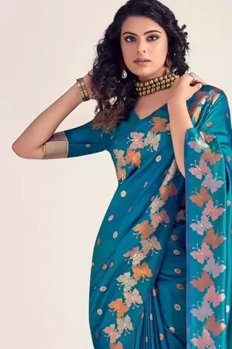 Rama silk blend jacuard work festival saree with unstitched blouse piece
