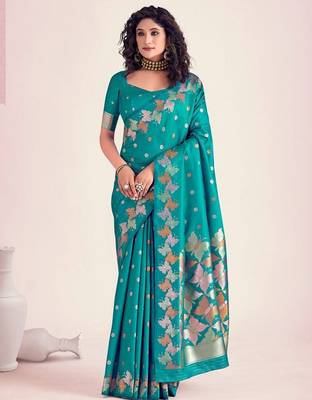 Teal silk blend jacuard work festival saree with unstitched blouse piece 1