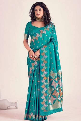 Teal silk blend jacuard work festival saree with unstitched blouse piece