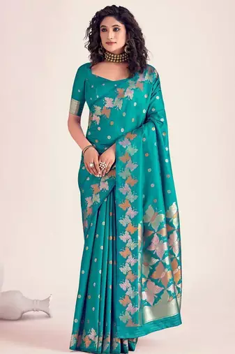 Teal silk blend jacuard work festival saree with unstitched blouse piece