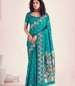 Teal silk blend jacuard work festival saree with unstitched blouse piece
