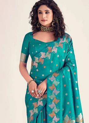 Teal silk blend jacuard work festival saree with unstitched blouse piece 2