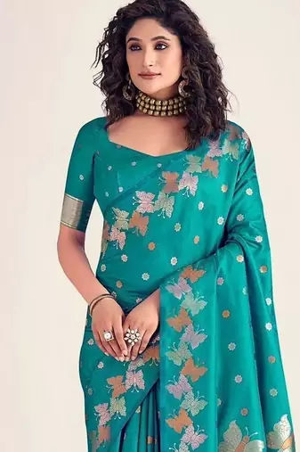 Teal silk blend jacuard work festival saree with unstitched blouse piece