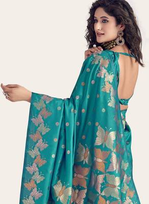 Teal silk blend jacuard work festival saree with unstitched blouse piece 3