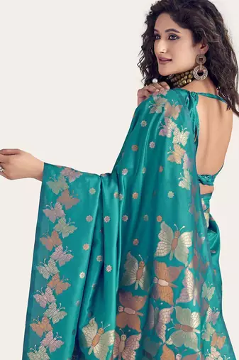 Teal silk blend jacuard work festival saree with unstitched blouse piece