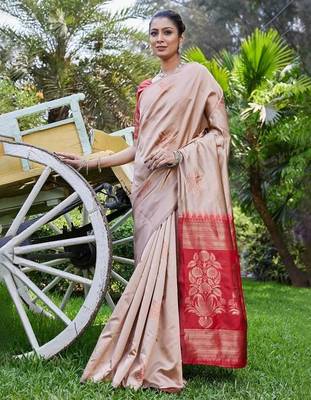 Craem maroon silk blend jacuard work festival saree with unstitched blouse piece 1