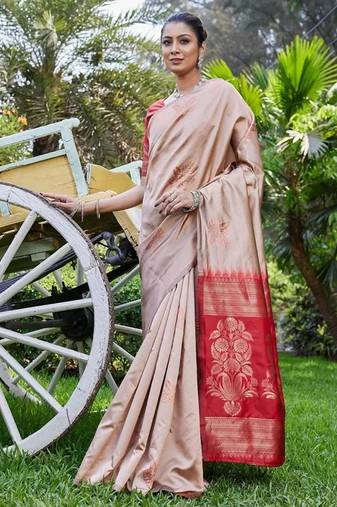 Craem maroon silk blend jacuard work festival saree with unstitched blouse piece