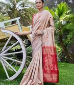 Craem maroon silk blend jacuard work festival saree with unstitched blouse piece