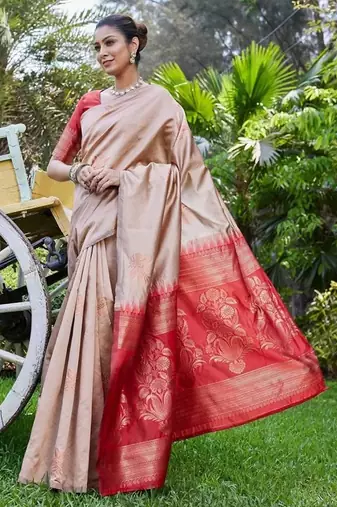 Craem maroon silk blend jacuard work festival saree with unstitched blouse piece