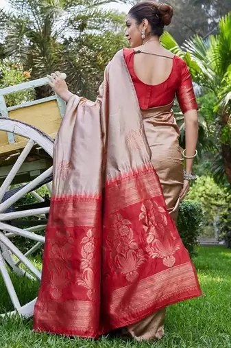 Craem maroon silk blend jacuard work festival saree with unstitched blouse piece