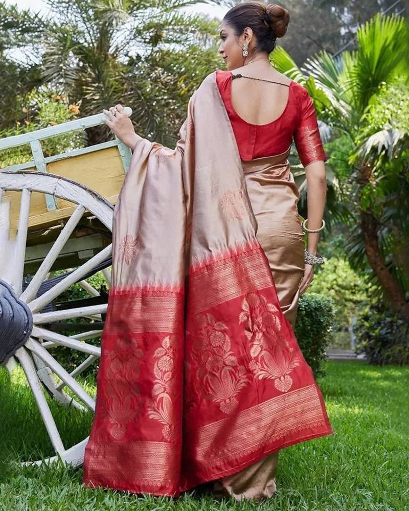 Craem maroon silk blend jacuard work festival saree with unstitched blouse piece